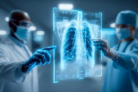 Patient views X-ray results on a tablet during a medical consultation in a clean clinic