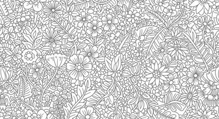 Dense Black and White Floral Background Pattern with Small Flowers and Foliage