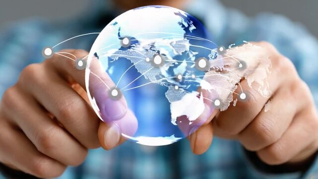 Global Connection: A person cradles a glowing globe, its surface webbed with luminous lines signifying the interconnectedness of worldwide communication.