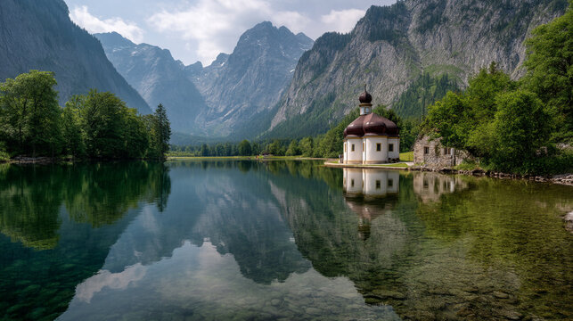 Lake view with church and mountain range reflecting in the water surface area
