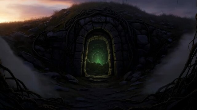 Sunbeam illuminating an ancient stone archway leading into a glowing cave or tomb, mystery and archeology concept animation.