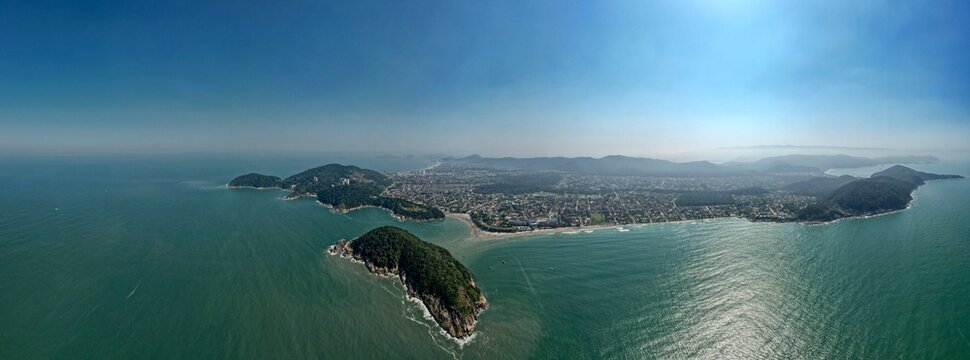 Aerial view of bay and mountainous coastline