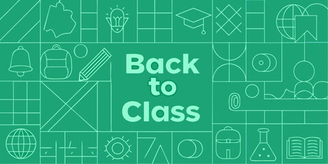 Fototapeta premium Back to class with geometric patterns and school icons on a green background