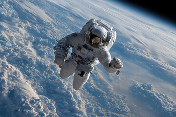 Astronaut in a White Spacesuit Floating Above the Earth's Atmosphere with Clouds and Blue Sky Below