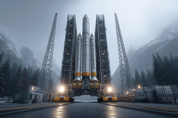 Massive Heavy-Lift Space Launch Vehicle on the Platform Surrounded by Towers in a Cold Mountain Environment