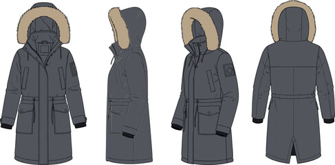 Winter parka coat set, hooded jackets, fur trim outerwear, insulated clothing, cold weather fashion, front and back views, apparel illustration © Wajkuruni