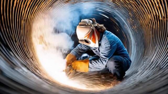 Industrial Craftsman at Work: A skilled welder, protected by a safety helmet, meticulously performs their craft within the industrial setting, sparks flying as they join metal elements.