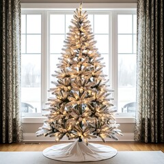 Flocked artificial christmas tree with warm white lights, a white tree skirt, in front of a bright window. winter holiday scene.