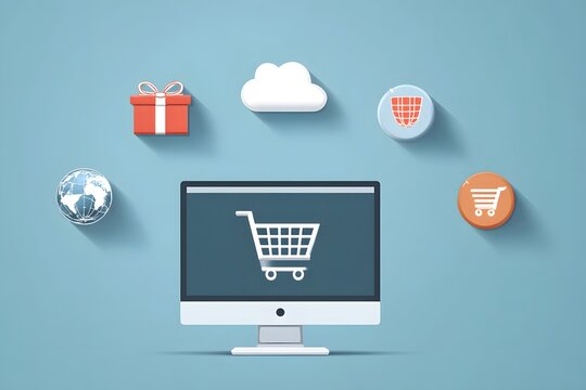 Online shopping from a computer with cart icons representing purchases around the globe.