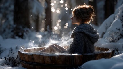 A woman in a cozy robe relaxes in a steaming wooden tub, nestled in a snowy forest. Golden sunlight filters through the trees, creating a magical, serene winter escape.