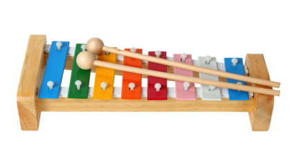 Colorful wooden xylophone with mallets for children’s music education and sound learning concept, isolated on transparent background, PNG.
