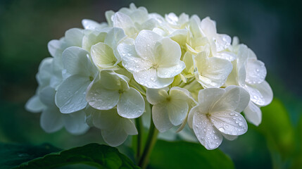 A close up of a white hydrangea flower with water droplets on the petals bloom