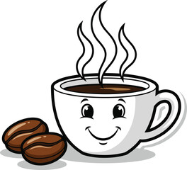 Cute smiling coffee cup cartoon illustration with hot steam and coffee beans, perfect for cafe logo, branding, or design decoration