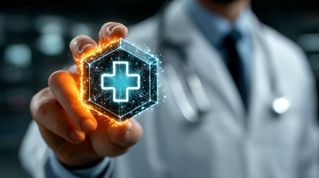 A doctor in a white coat and stethoscope holds a glowing hexagonal symbol with a blue cross, representing healthcare and technology. - Powered by Adobe