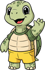 Cute smiling cartoon turtle wearing yellow shorts and green shirt, happy turtle character waving hand, adorable animal mascot illustration
