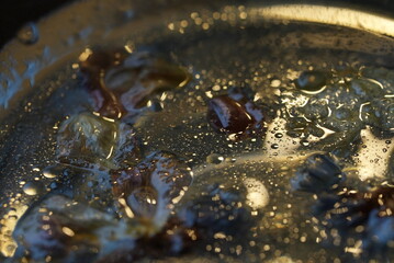 Abstract close-up of flower petals floating in water with golden light reflections and soft bokeh. The image captures delicate textures, transparency, and the gentle interplay of color and light, crea