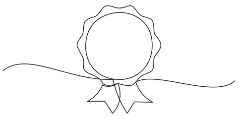 Continuous one line art drawing of champion winner trophy, Award winning ribbon in simple linear style, Single continuous line drawing of the best quality award badge with gold star winning medal.