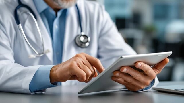 Medical Professional at Work: A close-up shot of a focused medical professional, the stethoscope gently draped, meticulously working on the tablet. The image conveys dedication, expertise and care.