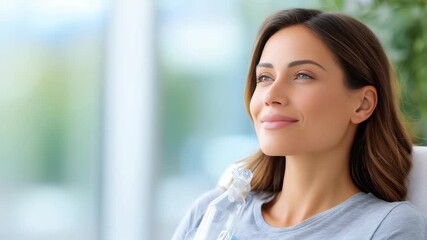A relaxed woman enjoys a peaceful moment, embracing mindfulness and hydration in a bright, contemporary space. Her gentle smile and tranquil expression evoke wellness and positivity