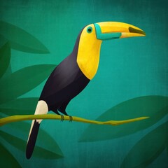 Naklejka premium Colorful toucan bird perched on a branch against a green background