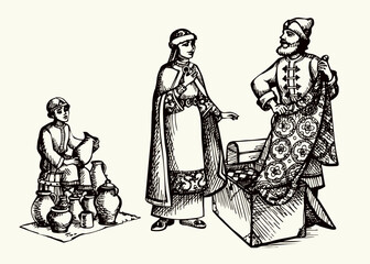 Vector drawing. Man sells a fabric om ancient market