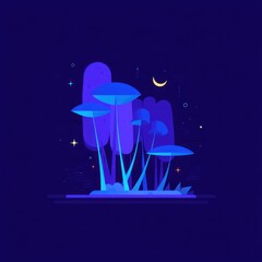 Stylized illustration of mushrooms glowing at night under a crescent moon