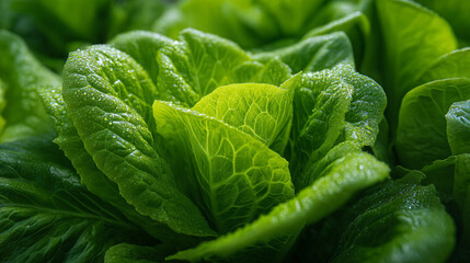 A close up shot of a vibrant green romaine lettuce head with water droplets