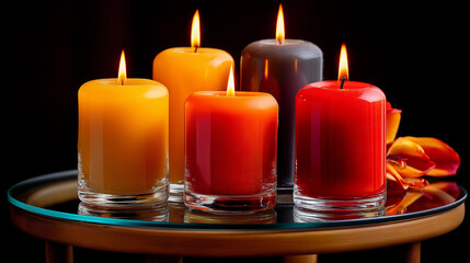 Candlelight reflections on glass table, warm tones, emotional minimalism, with copy space.