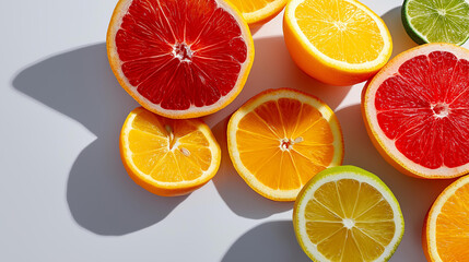 Obraz premium Fresh citrus slices on white surface, vibrant yet minimal composition, summer tone, with copy space.