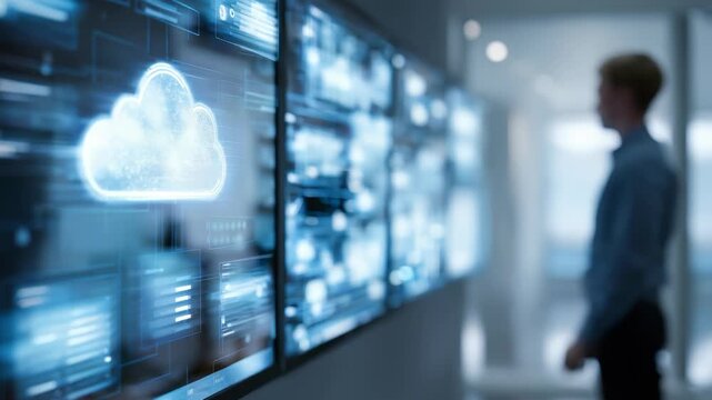 Captures high tech environment focused on cloud computing, data management, digital transformation. Professional analyzes cloud based data on interactive display in innovative office