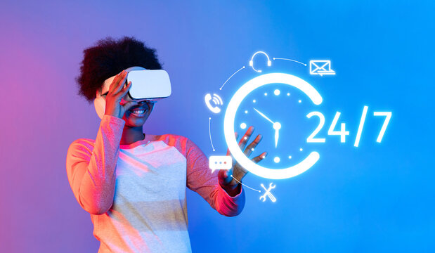 A young person engages with virtual reality technology while icons representing 24 7 customer support and assistance appear, highlighting modern connectivity and service. XDMCP