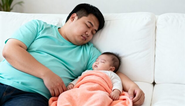 Tired Asian father and his newborn baby sleeping together on a white couch. A tender moment of family bonding and fatherhood at home