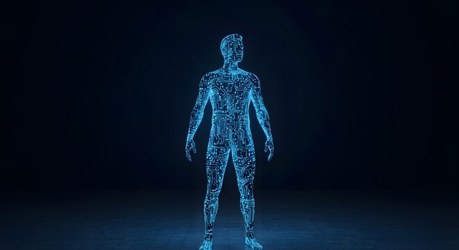 3D Man, AI Generated. 3D man silhouette filled with digital circuit pattern, standing in dark room, glowing blue outlines, futuristic AI or human-integration concept artwork