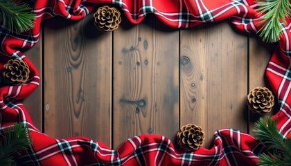 Christmas Banner Mockup with Plaid Fabric, Pine Cones and Fir Branches on Rustic Wood Background for Holiday Designs