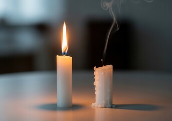 A lit candle stands next to an extinguished one with rising smoke. A conceptual image of the contrast between life and death, beginning and end