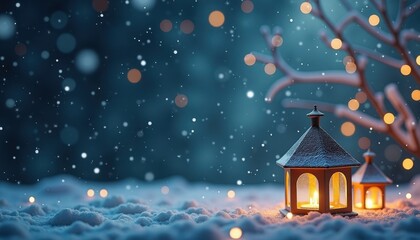 Christmas Banner Mockup with Lanterns, Snow and Fir Branches for Magical Winter Holiday Promotions