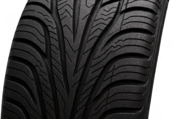 New black rubber car tire displaying intricate tread pattern, depth, and texture on transparent background