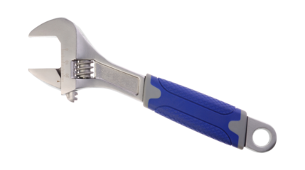 Adjustable metal wrench with blue rubber handle for repair, maintenance, and construction tools concept, isolated on transparent background, PNG.