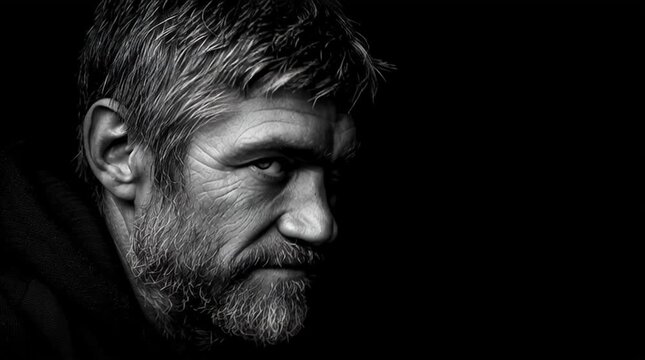 Powerful high-contrast black-and-white portrait of a handsome, middle-aged man with a rugged yet kind face. Dramatic side lighting sculpts his features, revealing skin texture, deep-set eyes, calm con