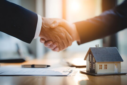 Two people shaking hands over a house model and contract on a table.