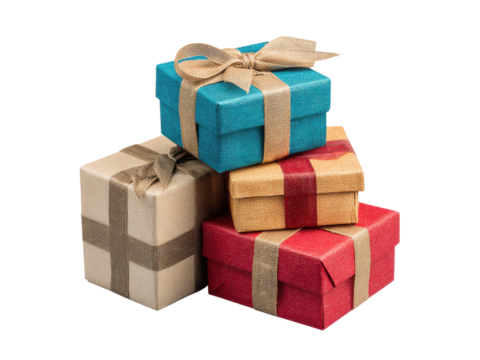 Festive gift boxes stacked with ribbons present celebration, Isolated, Png Transparent Background