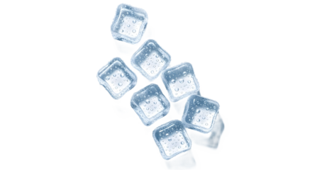 A pile of ice cubes with water droplets on transparent background