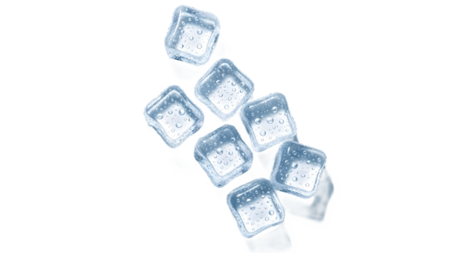 A pile of ice cubes with water droplets on transparent background