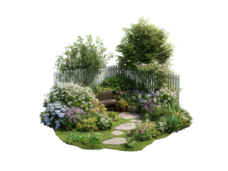 Lush garden with blooming flowers and wooden bench greenery nature, Isolated, Png Transparent Background