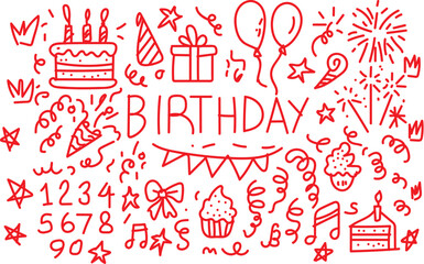 Hand drawn birthday celebration elements and decorations vibrant collection of hand-drawn birthday icons including cake, balloons, gifts, fireworks, and festive decorations in red ink.