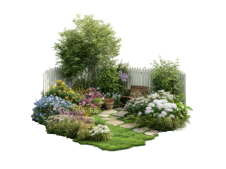 Lush garden with blooming flowers and wooden bench green nature, Isolated, Png Transparent Background