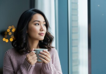Young woman relaxing at home — contemplative pose by window, mug in hand, cozy sweater, warm drink