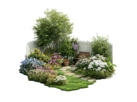Lush garden with blooming flowers and wooden bench green nature, Isolated, Png Transparent Background