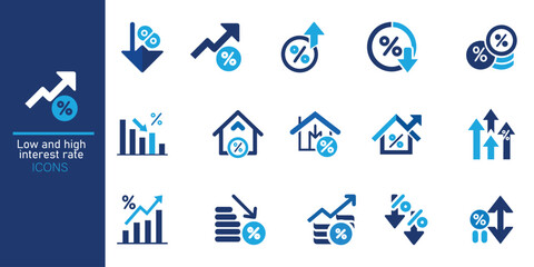 Low and high interest rate icon set. Percentage, growth, decline, mortgage, loan and finance symbols with up and down arrows for banking and economy. Solid vector icons collection.