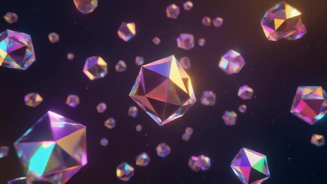 Floating iridescent geometric structures slowly rotating in a vast, deep space environment